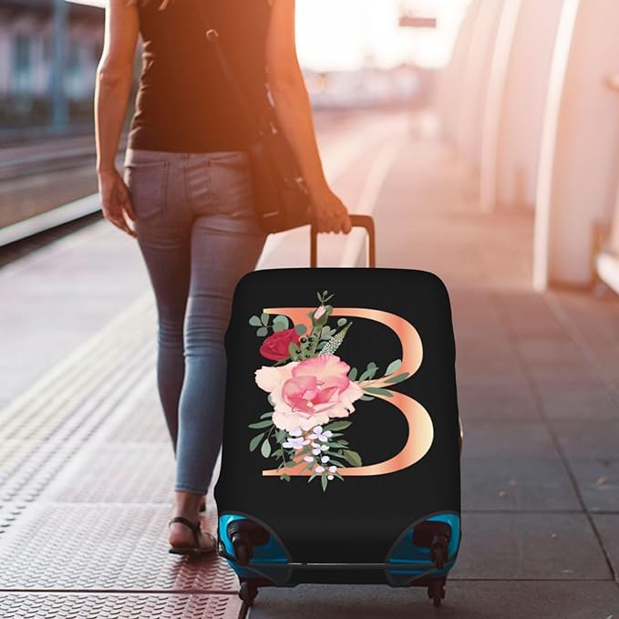 Floral Letter B Travel Luggage Cover Spandex Suitcase Protector Elastic Washable Stretch Suitcase Cover,Size M(Fit 22-24inch Suitcase)