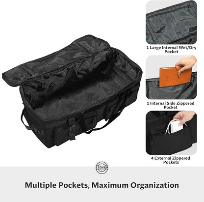 STOVER 100L U-Zip Rolling Duffel Bag with Wheels, X-Large Durable Travel Duffle + Toiletry Bag, Heavy Duty, Lay-Flat Opening, Packable w/Shoulder Straps- Use as Luggage or Backpack, Men/Women (Black)