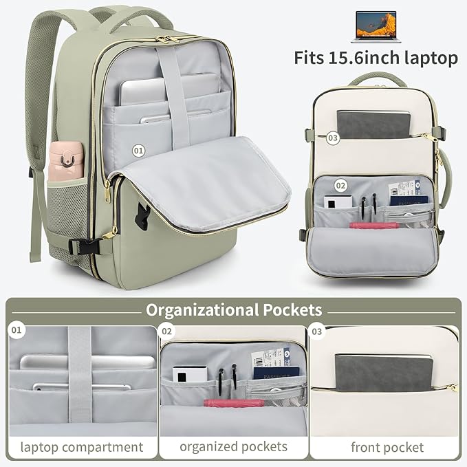 ZOMFELT Travel Backpack for Women Men, Carry On Backpack, TSA 15.6inch Laptop Backpack Flight Approved, Personal Item Travel Bag Nurse Bag Casual Daypack for Weekender Business Trip, Green