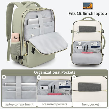 ZOMFELT Travel Backpack for Women Men, Carry On Backpack, TSA 15.6inch Laptop Backpack Flight Approved, Personal Item Travel Bag Nurse Bag Casual Daypack for Weekender Business Trip, Green