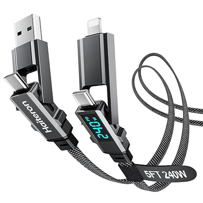 4 in 1 Charging Cable 5FT,240W USB C to USB C Cable Fast Charging Flat Braided iPhone Charger Cord Combo USB A/C to C/L with LED Display, Type C Charging Cord for iPhone 16/15,MacBook,iPad