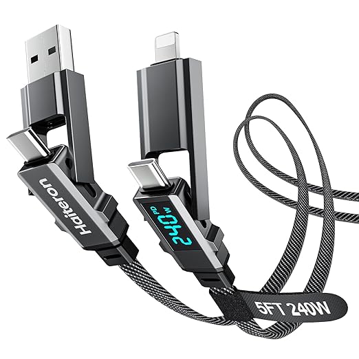 4 in 1 Charging Cable 5FT,240W USB C to USB C Cable Fast Charging Flat Braided iPhone Charger Cord Combo USB A/C to C/L with LED Display, Type C Charging Cord for iPhone 16/15,MacBook,iPad