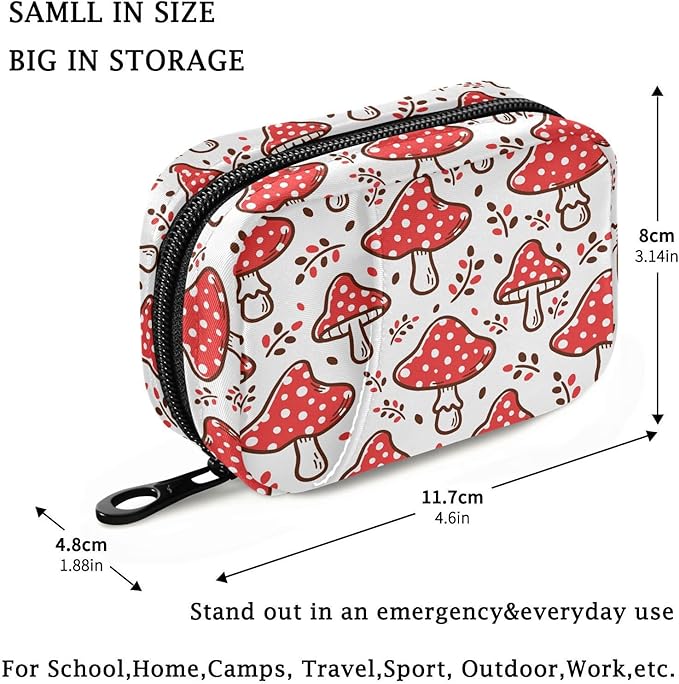 Fustylead Aesthetic Amanita Red Mushroom Pill Organizer Travel Bag, Small Portable Pill Case Cute for Vitamin Fish Oil Supplements Medicine Organizer with Zipper