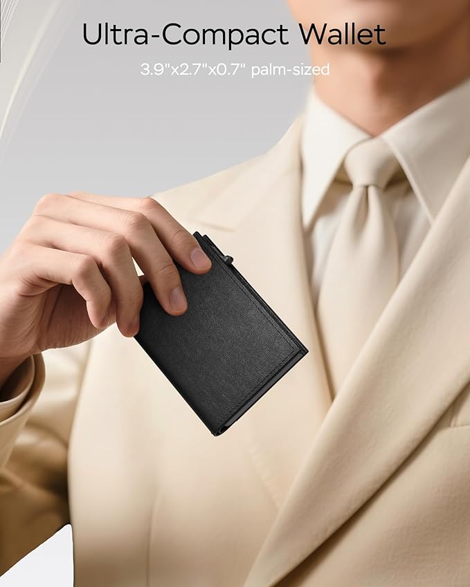 Wallet for Men - Sleek & Functional - Secure RFID Blocking Wallet with Smart Metal Pop Up Credit Card Holder, Minimalist Slim Front Pocket 11+ Cards ID Window Cash Slot, Gift for Him
