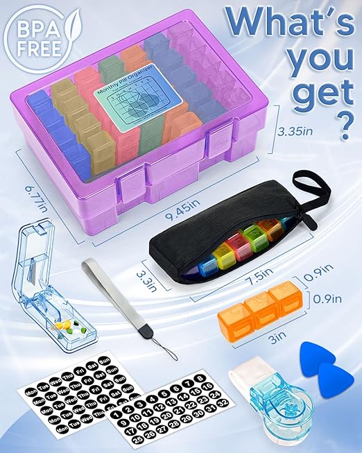 Monthly Pill Organizer 3 Times a Day, FRIWOLE Medicine Box with Portable Weekly Pill Bag, Keychain Pill Case, Pill Cutter and 2 Sticker (Purple, 3 Times a Day)