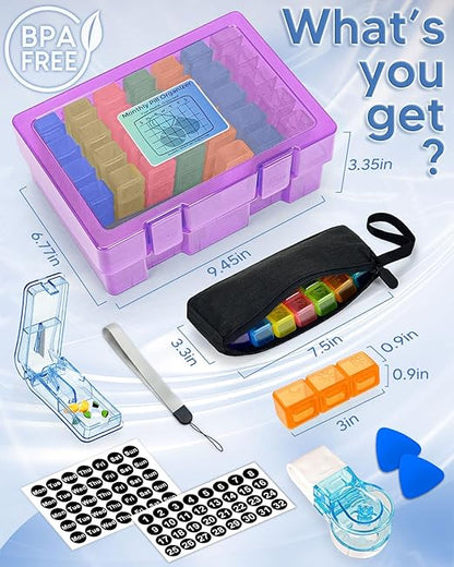 Monthly Pill Organizer 3 Times a Day, FRIWOLE Medicine Box with Portable Weekly Pill Bag, Keychain Pill Case, Pill Cutter and 2 Sticker (Purple, 3 Times a Day)