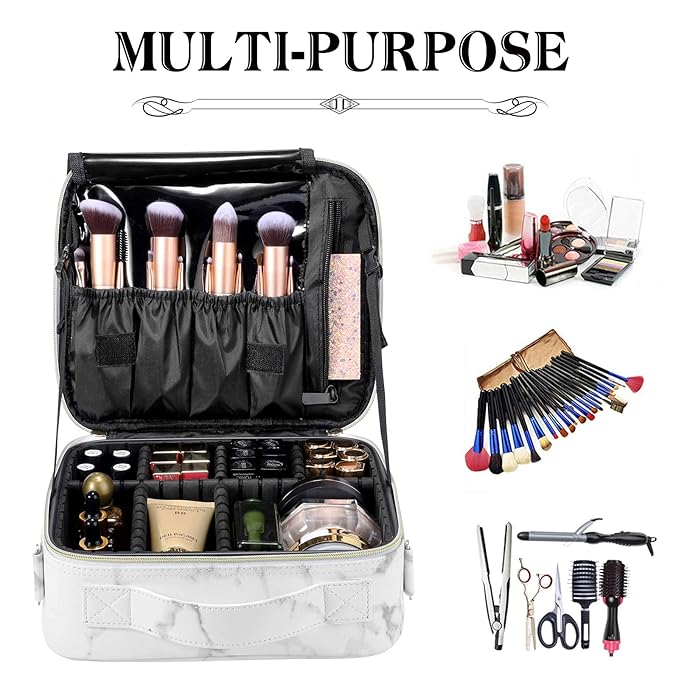 gzcz Travel Makeup Bag,Professional Cosmetic Bags for Women,Portable Makeup Brush Bag Organizer Storage with Adjustable Dividers and Shoulder Strap