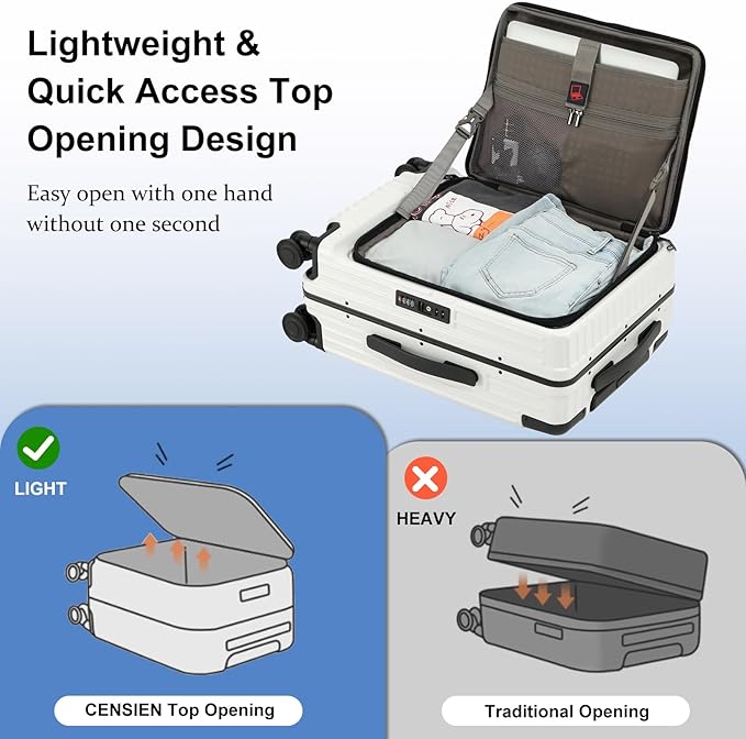 20 Inch Carry On Luggage Airline Approved, Aluminum Frame Top Opening Lightweight ABS+PC Hard Shell Suitcases with 360° Spinner Wheels, TSA Lock (White, 1 PC)