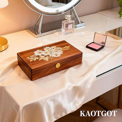 Travel Jewelry Case Small Wood Jewelry Organizer Jewelry Box for Women (Nut-Brown Print C)