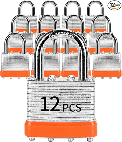Padlocks with Same Key, LQYN 12 Pcs Laminated Keyed Padlock (1-9/16", 40mm), Keyed Alike Locks, Normal Shackle, for Storage Locker, Hasp Latch, Toolbox, Sheds
