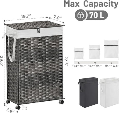 70L Slim Laundry Hamper with Lid & Wheels, Rolling Laundry Basket with 2 Removable Liner Bags & 3 Mesh Bags, Narrow Dirty Clothes Basket, Foldable Handwoven Rattan Laundry Sorter, Grey