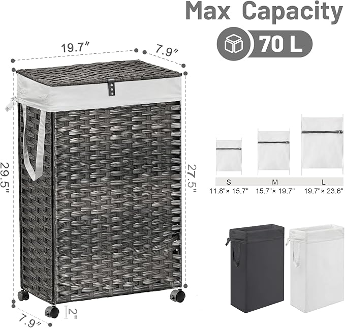 70L Slim Laundry Hamper with Lid & Wheels, 2-Park Rolling Laundry Basket with 4 Removable Liner Bags & 3 Mesh Bags, Narrow Dirty Clothes Basket, Foldable Handwoven Rattan Laundry Sorter, Grey
