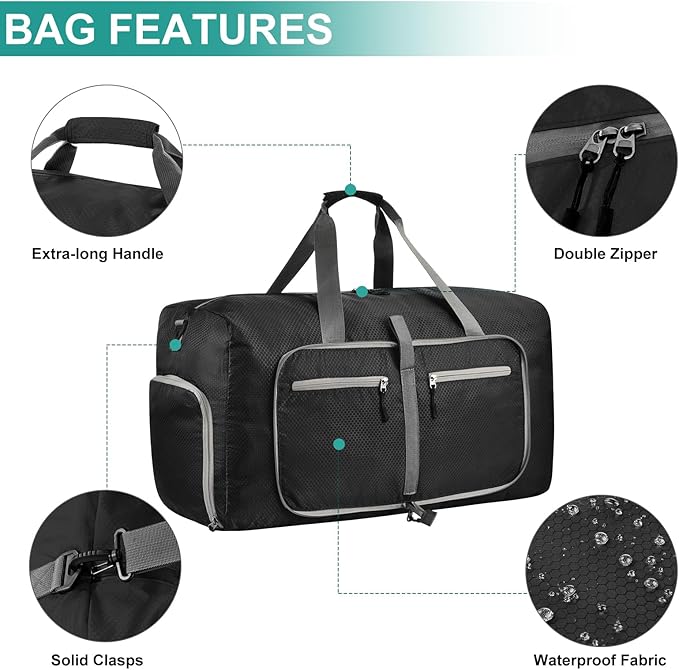 Dimayar Travel Duffle Bag for Men Women - Foldable Duffel Bag with Shoes Compartment - Overnight Bags Waterproof & Tear Resistant(65L,Black)