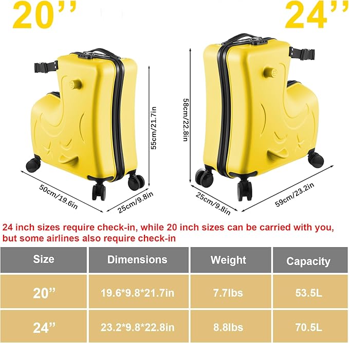 24 Inch Kid Ride Suitcase, Kid Luggage Seat Ride With Lock - Kids Travel Trolley With Safety Belt, Kids Luggage With Wheels Child Stroller Spinner Luggages, ABS+PC (Yellow, 6-12 Years)