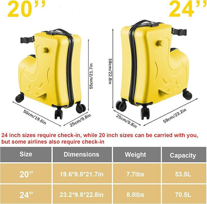 24 Inch Kid Ride Suitcase, Kid Luggage Seat Ride With Lock - Kids Travel Trolley With Safety Belt, Kids Luggage With Wheels Child Stroller Spinner Luggages, ABS+PC (Yellow, 6-12 Years)