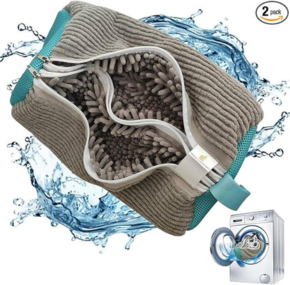 Double Shoe Washing Bag for Washing Machine, Grey, Polyester, 360 All-Round Cleaning, 2 Pack, 2 Pairs of Shoes Simultaneously, Zipper Closure