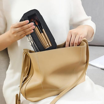 Pinkmik Double Layer Makeup Bag Makeup Brush Case Waterproof Travel Cosmetic & Toiletry Bag Purse Organizer and Car Essentials for Women (Black, Double SLIM)