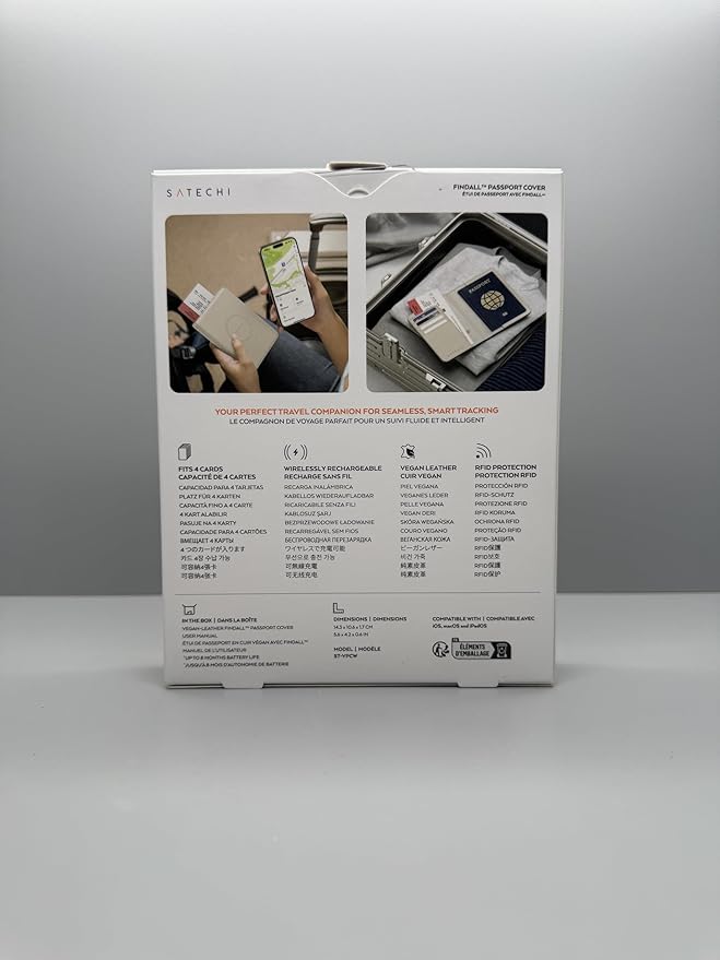 Satechi Passport Holder for Travel with Find My, Passport Cover with 4 Card Holder, Wireless Charging, and RFID protection – Travel Essential Vegan Leather Passport– Sand