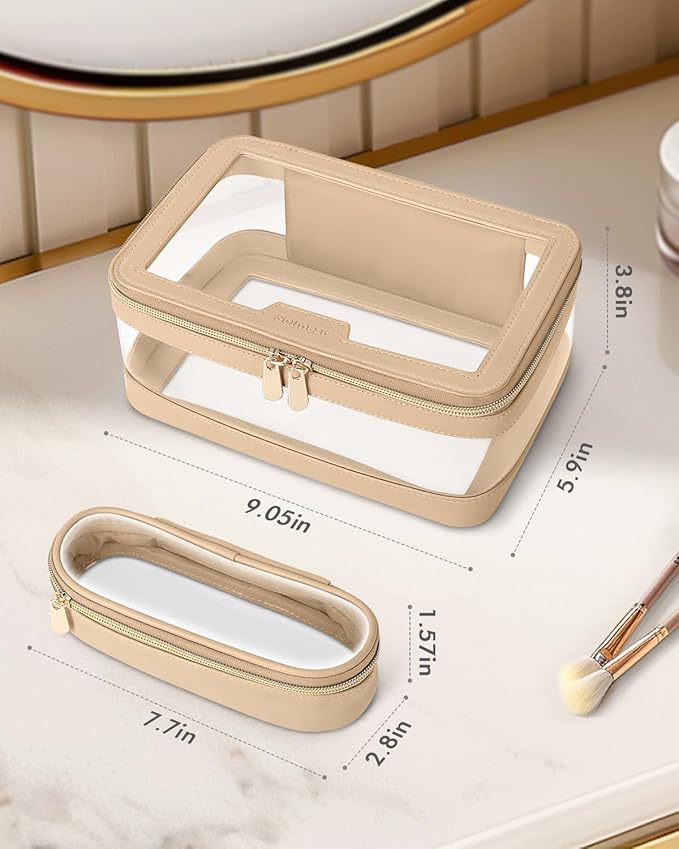 Travel Clear Makeup Bag with Makeup Brush Bag, Leather Makeup Case Toiletry Bag, Portable Cosmetic Bag Case, Transparent Waterproof Cosmetic Organizer Storage Bag for Women, Khaki