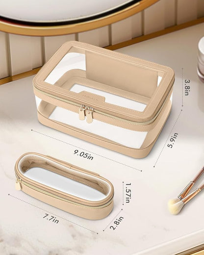 Travel Clear Makeup Bag with Makeup Brush Bag, Leather Makeup Case Toiletry Bag, Portable Cosmetic Bag Case, Transparent Waterproof Cosmetic Organizer Storage Bag for Women, Khaki
