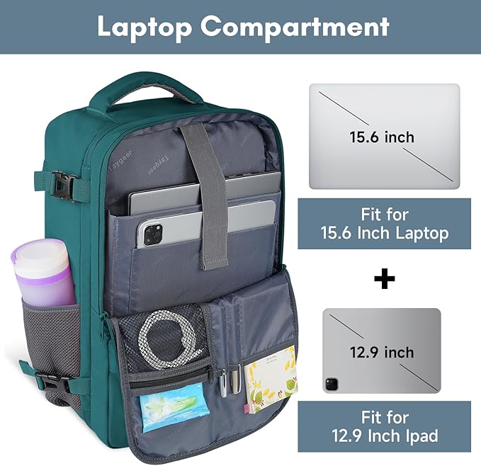 Taygeer Carry on Backpack for Men Women, Luggage Laptop Backpack for Airplane Travel with USB Charging Port, 35L Water Resistant Gym Weekender Bag for College Gift, Peacock Blue