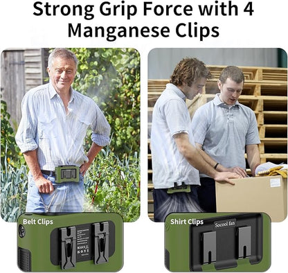Socool 14500mAh Portable Waist Fan Clip On Wearable Belt Shirt Fan 5 Speeds with Dual Air Outlet & Flashlight Personal Hanging Neck Fans Battery Operated Rechargeable 40H Cooling For Camping Jobsite