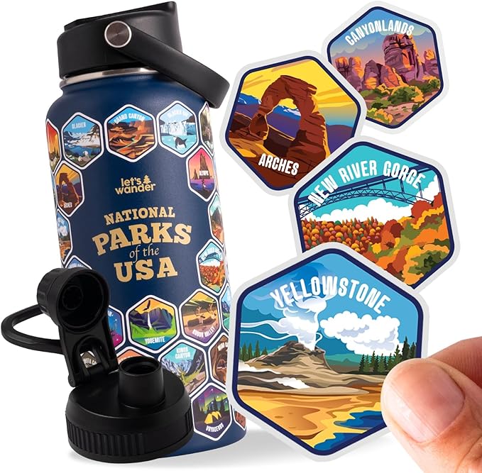 LET'S WANDER National Parks Water Bottle 2.0 Ultimate Bundle | Includes Straw Lid, Chug Lid & 2 Sets of 63 Waterproof Stickers | 32oz Leakproof Insulated Stainless Steel Gift Pack (Blue)