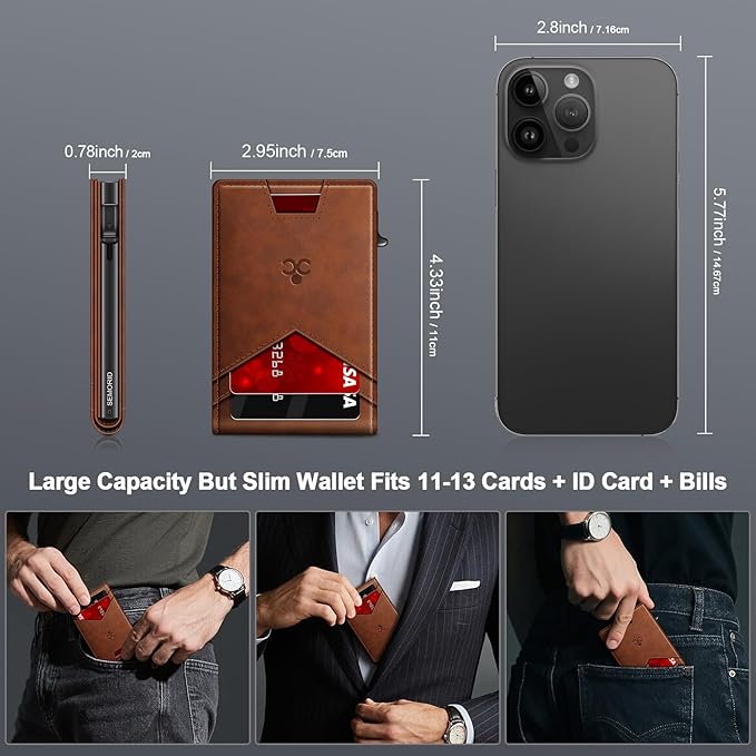 Wallet for Men Wallet with Slim Pop Up Card Holder for 12-14 Cards, RFID Blocking Bifold Minimalist Smart Wallet, Credit Card Holder with ID Window & Cash Slot, Compact Metal Card Case, Gifts for Men