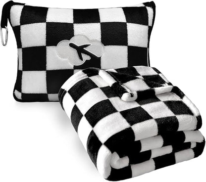 Travel Blanket and Pillow Compact, Premium Soft 2 in 1 Airplane Blanket with Soft Bag Pillowcase，Hand Luggage Sleeve and Backpack Clip (Checkered Black)