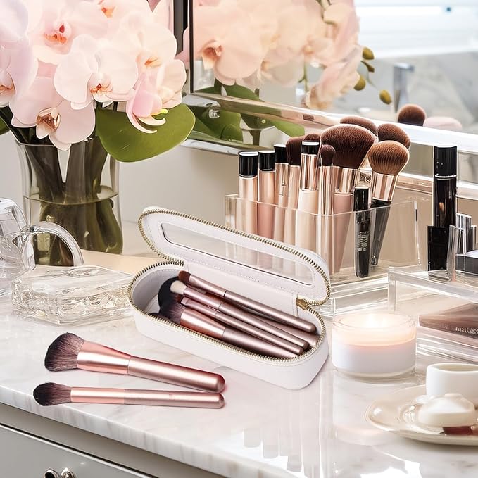 Pinkmik Travel Clear Makeup Bag with Brush Bag Portable Cosmetic Bag Case Transparent Toiletry Bag Cosmetic Organizer Storage Bag for Women (White, L+SLIM)