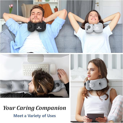 Inflatable Neck Pillow, Portable Travel Neck Pillow for Long Flight, Storable Gray Neck Pillows with Washable Cover, Adjustable Air-Fill Support