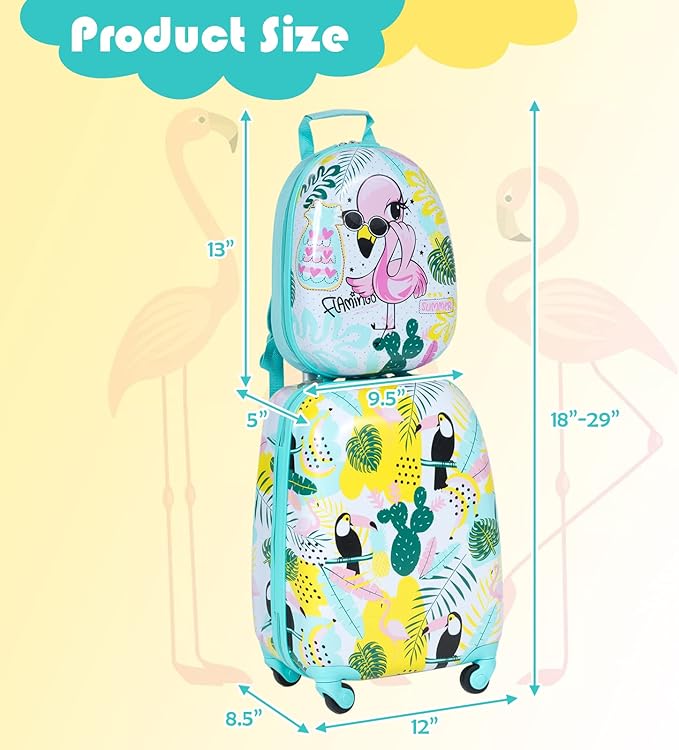 KOTEK Kids Carry On Luggage Set, 16" Hardside Rolling Suitcase with Spinner Wheels, Travel Rolling Luggage for Boys Girls (Flamingo)