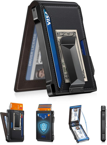 Wallet for Men RFID Wallet with 2 ID Windows & Money Clip, Slim Pop Up Card Holder for 10-12 Cards, Bifold Minimalist Smart Wallet for Front Pocket, Compact Metal Credit Card Holder, Gifts for Men