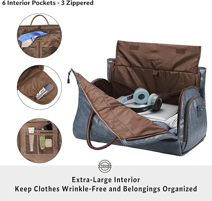 STOVER Garment Travel Duffle Bag, Large 2-in-1 Convertible Carry-on Luggage for Men & Women- Hanging Suits, Dresses & Clothes + Shoe Compartment- Weekender Tote Combo Duffel (Blue Leatherette)