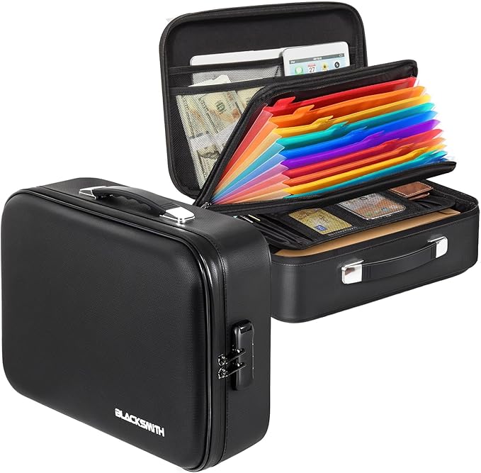 BlackSmith Fireproof Document Box, 4200°F Heat Resistant & Waterproof Hard Case 13 Layers File Organizer with Lock, Portable Safe for Important Documents, Certificates, Travel Use-Black