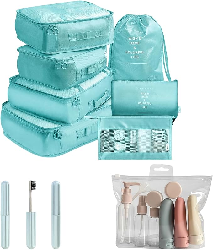 11 Set Packing Cubes for Travel,Gifts for Women Mom,Anti-Tearing Suitcase Organizer for Luggage with Shoe & Hanging Toiletry Bag, Toiletries Travel Bottles, 3 Portable Toothbrush Cases