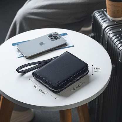 VULKIT Passport Holder for Travel with Airtag Slot, Premium Nappa Leather, RFID Blocking, Zipper Closure with Wrist Strap, Travel Document Organizer