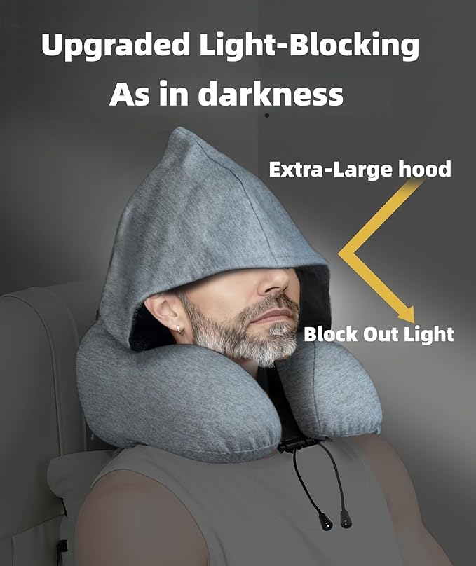 Travel Pillow with Extra Large Hood Rollable Airplant Hooded Neck Pillow with Memory Foam Filling and Removable, Skin-Friendly Cover with a Carrying Pouch