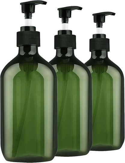 Empty Plastic Bottles with Pump Dispenser and Labels Included, Refillable Travel Containers for Hand sanitizer Shampoo Lotion, etc - No BPA/Parabenf, 500ml/16.9oz (Green, 3 Pack)
