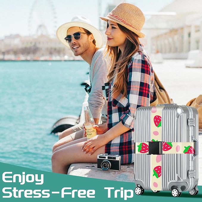 Slohif Luggage Straps for Suitcases Travel Belt Accessories Luggage Connector Identifiers Over Handle with Buckle Unique Nylon Adjustable Strap for Sleeping Bag Car Seat Strawberry(2 Pack)