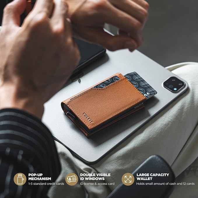 VULKIT Card Holder Wallet with Double ID Windows RFID Blocking Pop Up Wallet Minimalist Design for 12 Cards