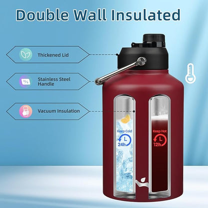 1 Gallon Jug with Handle,128 oz Insulated Water Bottle with Carrying Pouch, Double Wall Vacuum Stainless Steel Metal Bottle,Dark red