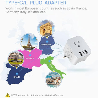 European Travel Plug Adapter - SCOOFEX Foldable Power Plug with 3 USB (1 USB C Port) and 1 AC Outlets Charger for US to Most of Europe - EU France Germany Spain Italy（Type C/L）