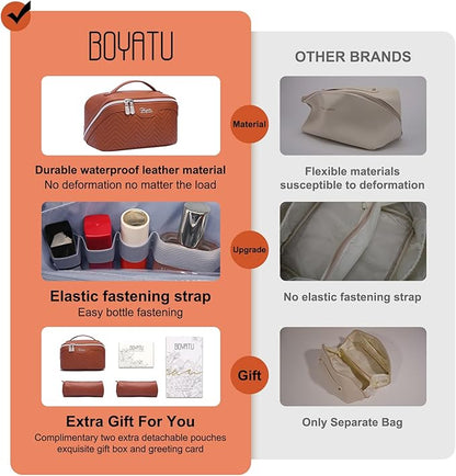 BOYATU Travel Makeup Bags Cosmetic Organizer Bag: Quilted Make up Bag Set of 3 - PU Leather Toiletry Bags for Women - Portable Makeup Organizer with Compartments & Handle & Divider(14 Brown)