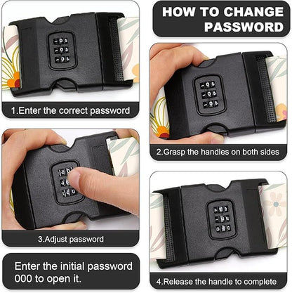 2 Pack Luggage Straps, Adjustable Cute Printing with Combination Lock Luggage Straps for Women Men Travel School Business Trips-Flowers