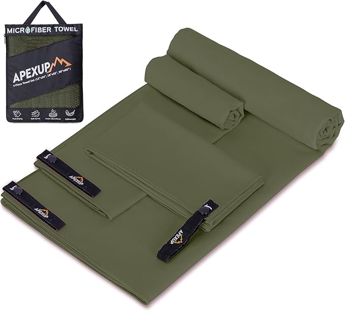 APEXUP Microfiber Travel Towel, Ultra Absorbent Quick Dry Towels, Lightweight Gym Sports Camping Towel for Workout, Yoga, Beach, Shower, Swimming (Combo, Army Green)