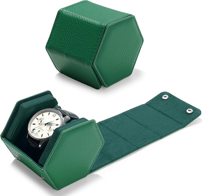 Oirlv Luxury Hexagonal Leather Watch Travel Case Single Watch Box for Men Portable Jewelry Storage Roll Organizer(1-Slot,Green)