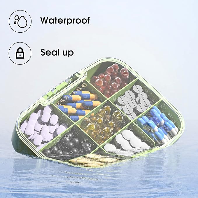 Restree Large Pill Organizer, Moisture Proof & Waterproof Travel Pill Case, Portable Medication Box with Adjustable Dividers for Vitamins Supplements Fish Oil and Daily Pills 9 Compartments (Green)