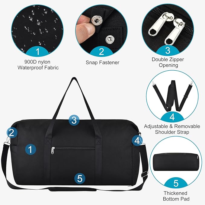 Carry on luaggage 22x14x9 Airlines Approved, Foldable Travel Duffel Bags Weekender Overnight Carry on Duffel Luggage Gym Duffle Bag with Wet Pocket & Shoe Compartment for Women Men(Black, 40L)