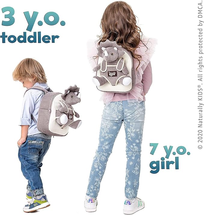 Naturally KIDS Small Dinosaur Backpack - Triceratops Dinosaur Toys for Kids 3-5 - Toddler Backpack for Boys & Girls - Grey Plush Stuffed Animal